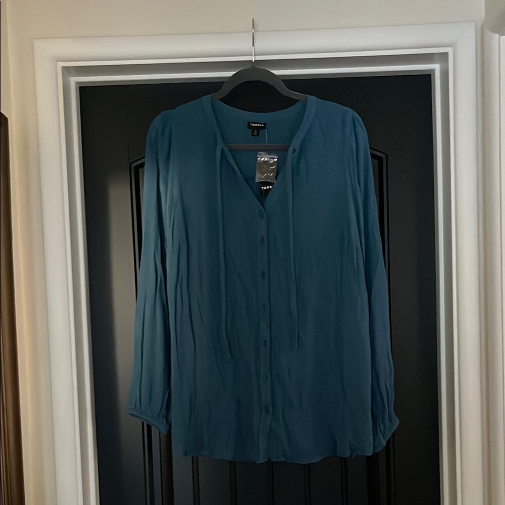 Torrid Blue Buttoned Mandarin Collar Blouse